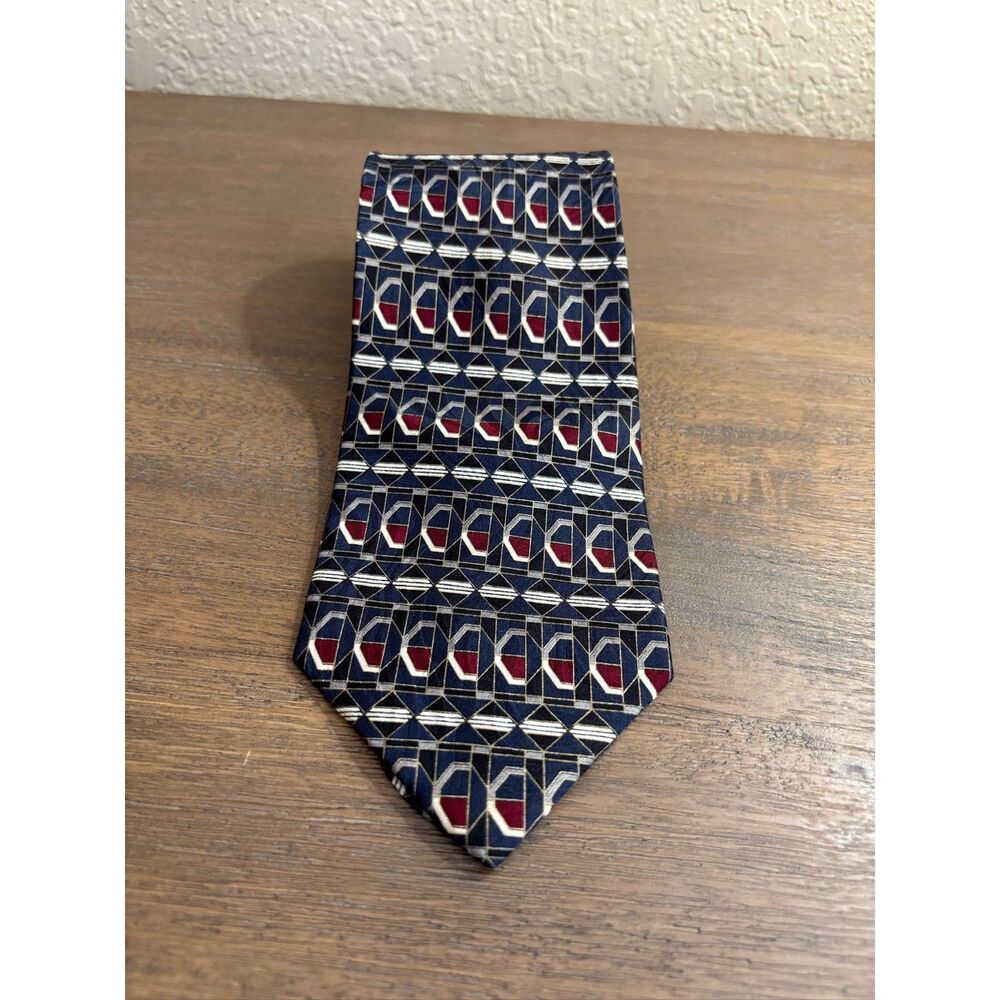 Vintage Henry Grethel 100% Italian Silk Tie Geometric Deco Pattern Burgundy Navy